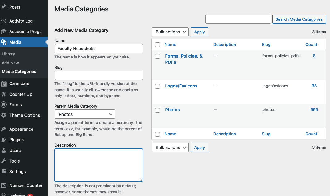 Create New Media Category Create New Media Category