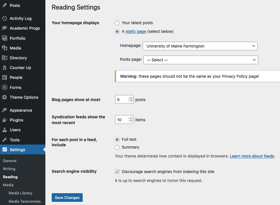 Reading Settings - Select Homepage Reading Settings - Select Homepage