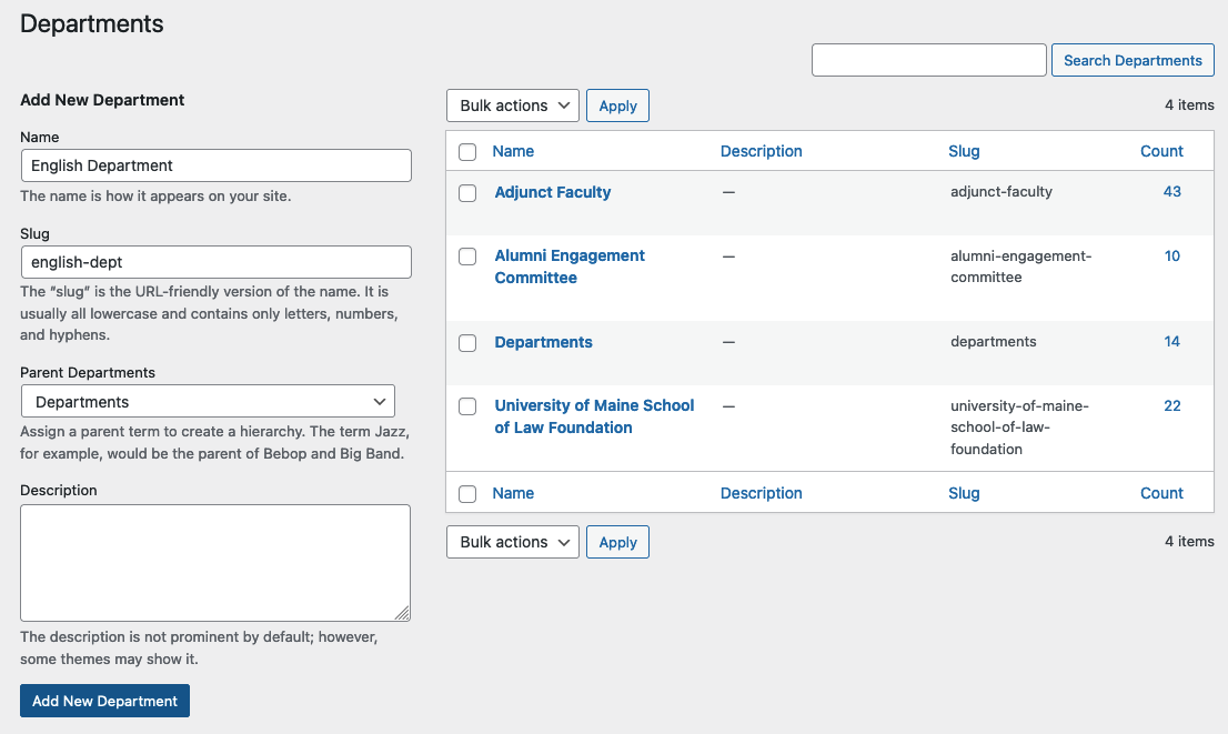 Manage Departments Screen Manage Departments Screen
