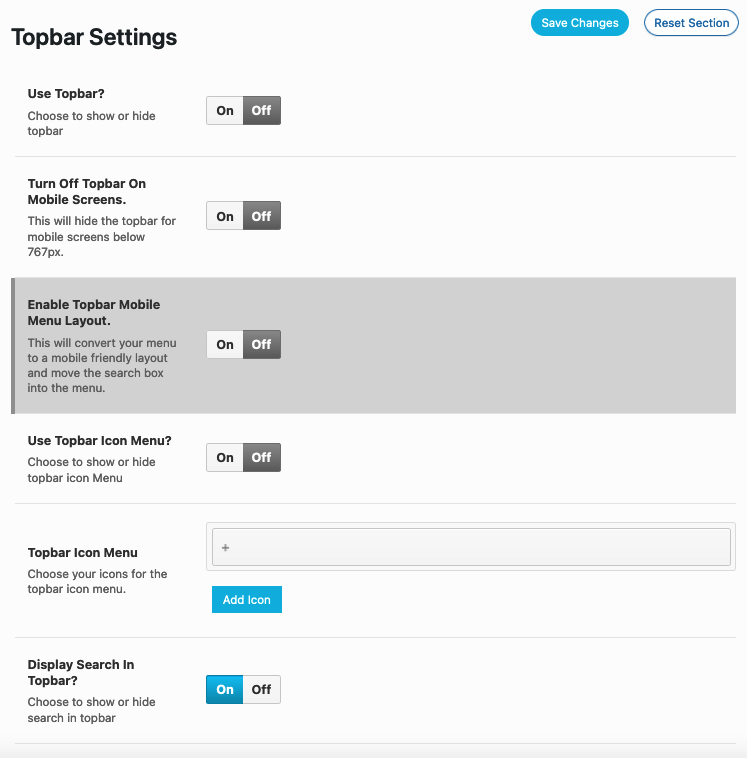 Topbar Settings Topbar Settings