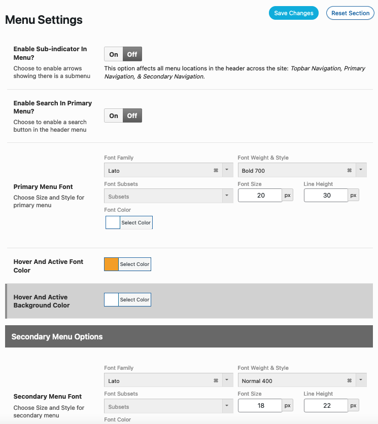 Menu Styles Settings Menu Styles Settings
