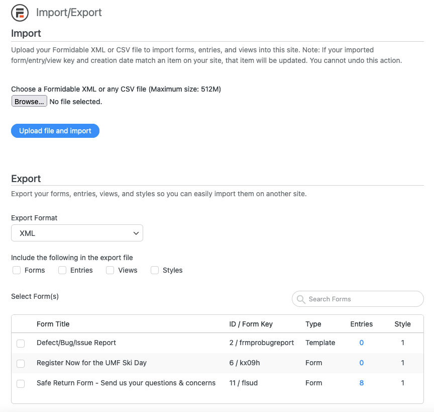 Import or Export Form Data Options Import or Export Form Data Options